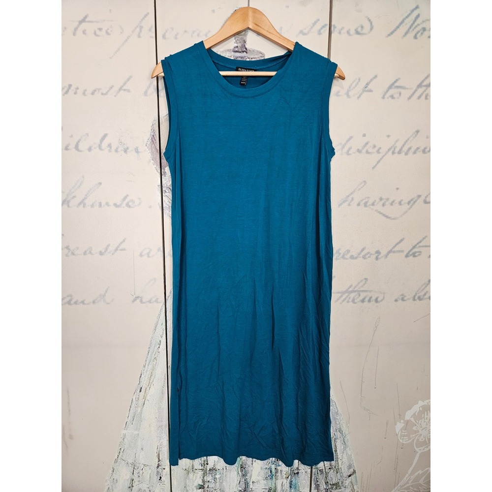 Eileen Fisher Sleeveless Midi Dress XS Teal Blue Viscose Stretch Side Slit Tank